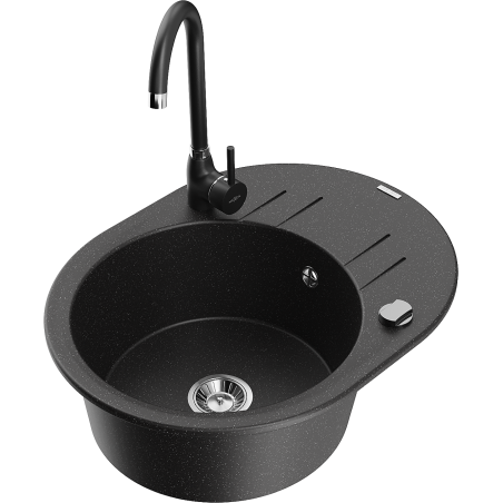 Mexen Kevin Granit-Spüle 1-Becken mit Abtropffläche und Küchenarmatur Telma, schwarz/silber metallic - 6517-73-670200-70