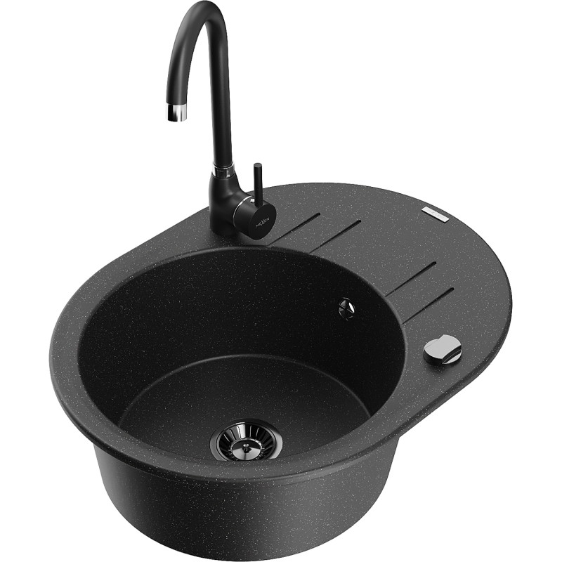 Mexen Kevin Granitspüle 1-Becken mit Abtropffläche und Küchenarmatur Telma, schwarz/silber metallisch - 6517-73-670200-70-B