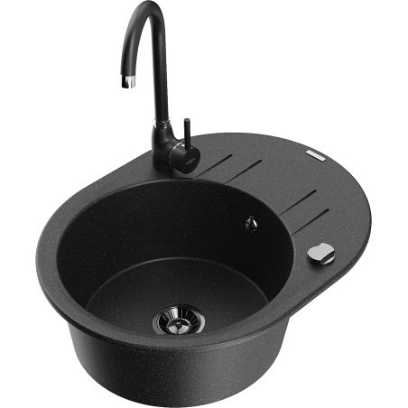 Mexen Kevin Granitspüle 1-Becken mit Abtropffläche und Küchenarmatur Telma, schwarz/silber metallisch - 6517-73-670200-70-B