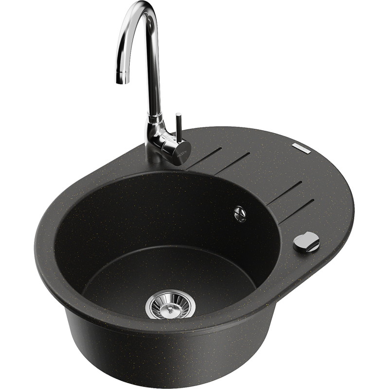 Mexen Kevin Granitspüle 1-Becken mit Abtropffläche und Küchenarmatur Telma, schwarz/gold metallic - 6517-75-670200-00