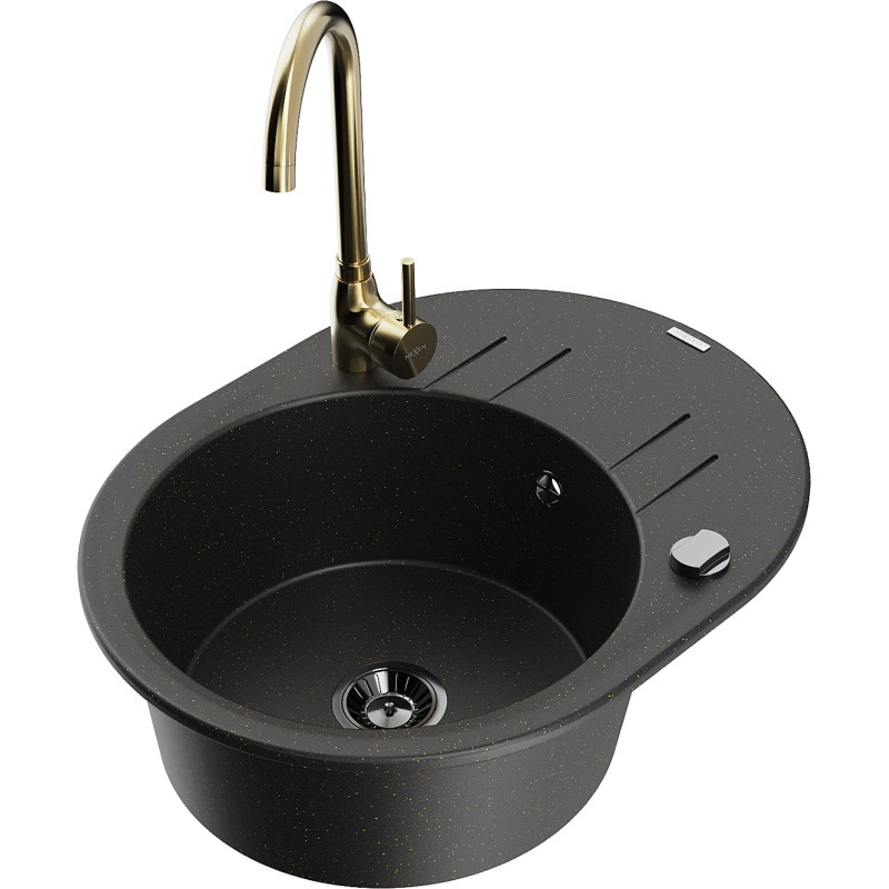 Mexen Kevin Granitspüle 1-Becken mit Ablage und Küchenarmatur Telma, schwarz/gold metallic - 6517-75-670200-50-B