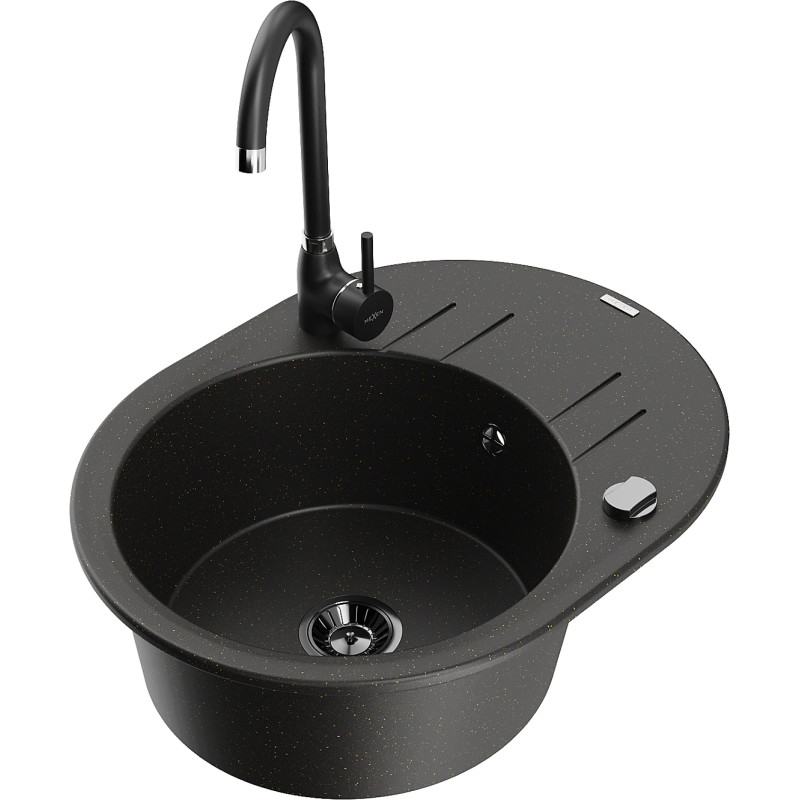 Mexen Kevin 1-Becken Granitspüle mit Abtropffläche und Küchenarmatur Telma, schwarz/gold metallic - 6517-75-670200-70-B