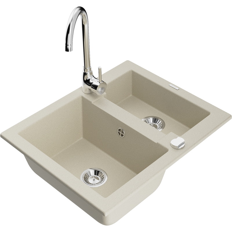 Mexen Carlos Granitspüle 1,5-Becken mit Küchenarmatur Telma, beige - 6518-69-670200-00