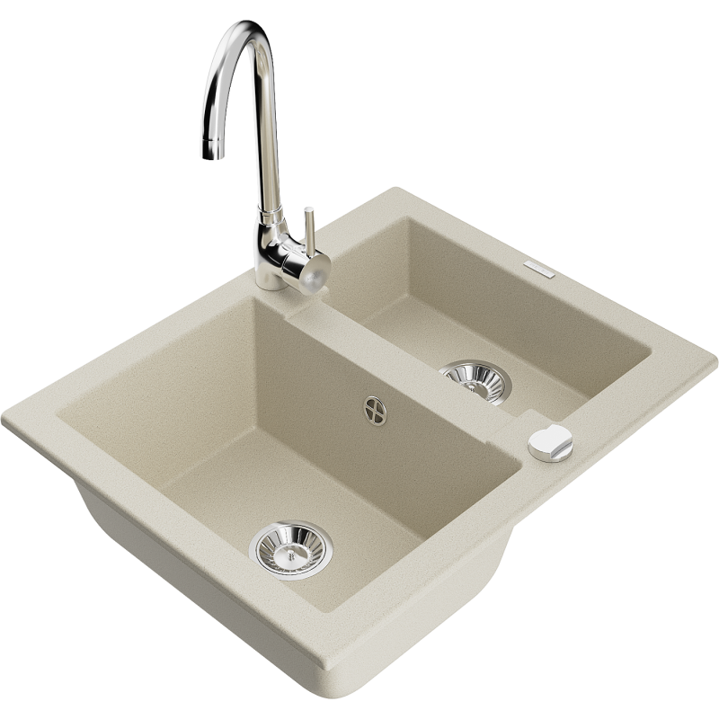 Mexen Carlos Granitspüle 1,5-Kammer mit Küchenarmatur Telma, beige - 6518-69-670200-00