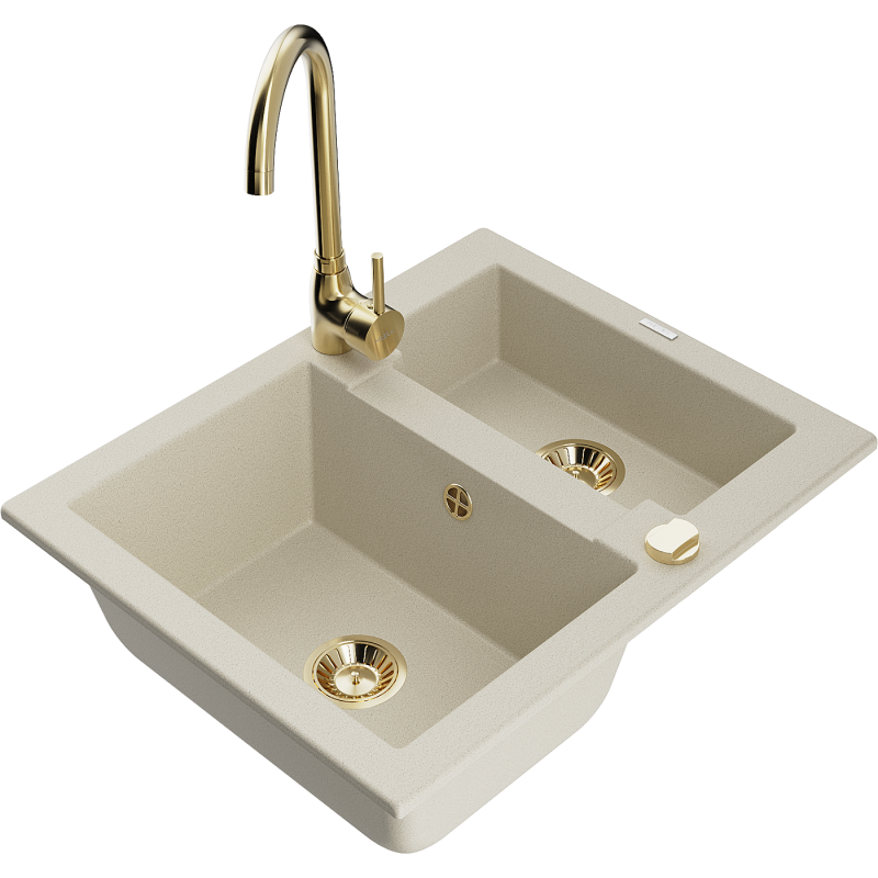 Mexen Carlos Granitspüle 1,5-becken mit Küchenarmatur Telma, beige - 6518-69-670200-50