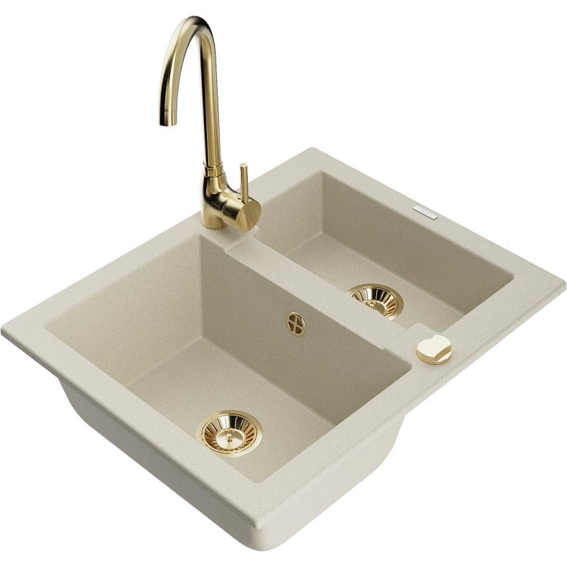 Mexen Carlos Granitspüle 1,5-fach mit Küchenarmatur Telma, beige - 6518-69-670200-50