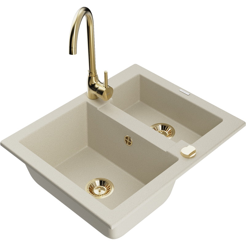 Mexen Carlos Granitspüle 1,5-Kammer mit Küchenarmatur Telma, beige - 6518-69-670200-50