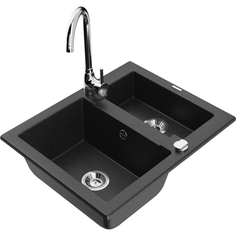 Mexen Carlos Granitspüle 1,5 Becken mit Küchenarmatur Telma, schwarz/silber Metallic - 6518-73-670200-00