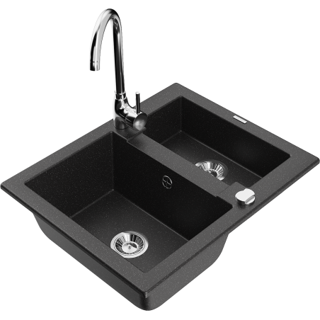 Mexen Carlos granitspüle 1,5-schüssig mit Küchenarmatur Telma, schwarz/silber metallic - 6518-73-670200-00
