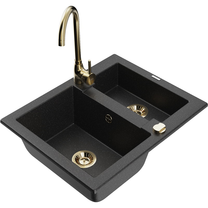 Mexen Carlos Granitspüle 1,5-beckig mit Küchenarmatur Telma, schwarz/silber metallic - 6518-73-670200-50