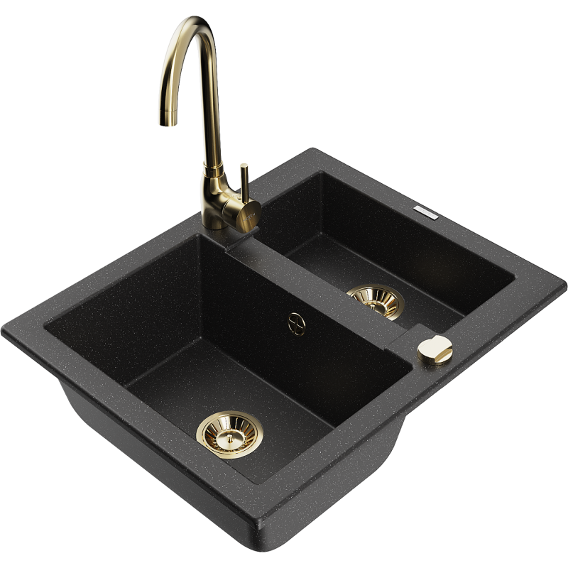 Mexen Carlos Granitspüle 1,5-Kammer mit Küchenarmatur Telma, schwarz/silber Metallic - 6518-73-670200-50