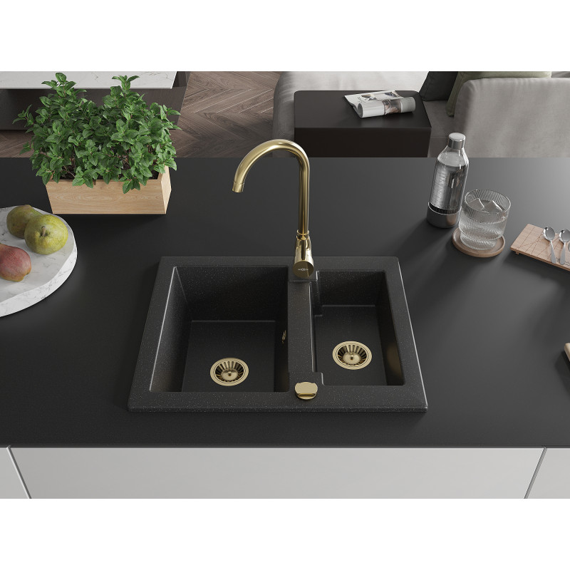 Mexen Carlos Granitspüle 1,5-Kammer mit Küchenarmatur Telma, schwarz/silber Metallic - 6518-73-670200-50