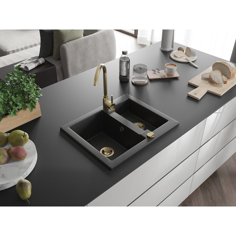 Mexen Carlos Granitspüle 1,5-Kammer mit Küchenarmatur Telma, schwarz/silber Metallic - 6518-73-670200-50