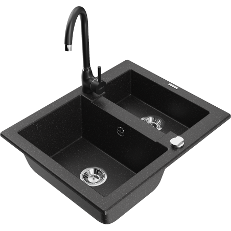 Mexen Carlos Granitspüle 1,5-Kammer mit Küchenarmatur Telma, schwarz/silber metallic - 6518-73-670200-70