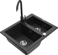 Mexen Carlos Granitspüle 1,5-Kammer mit Küchenarmatur Telma, schwarz/silber metallic - 6518-73-670200-70