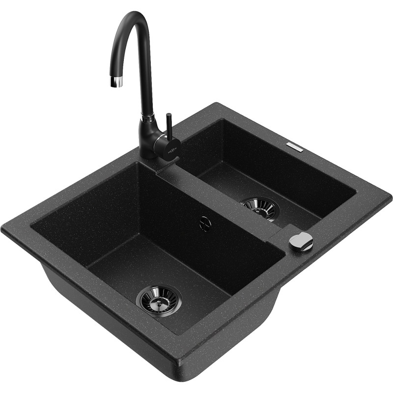 Mexen Carlos Granitspüle 1,5-beckig mit Küchenarmatur Telma, schwarz/silber metallic - 6518-73-670200-70-B