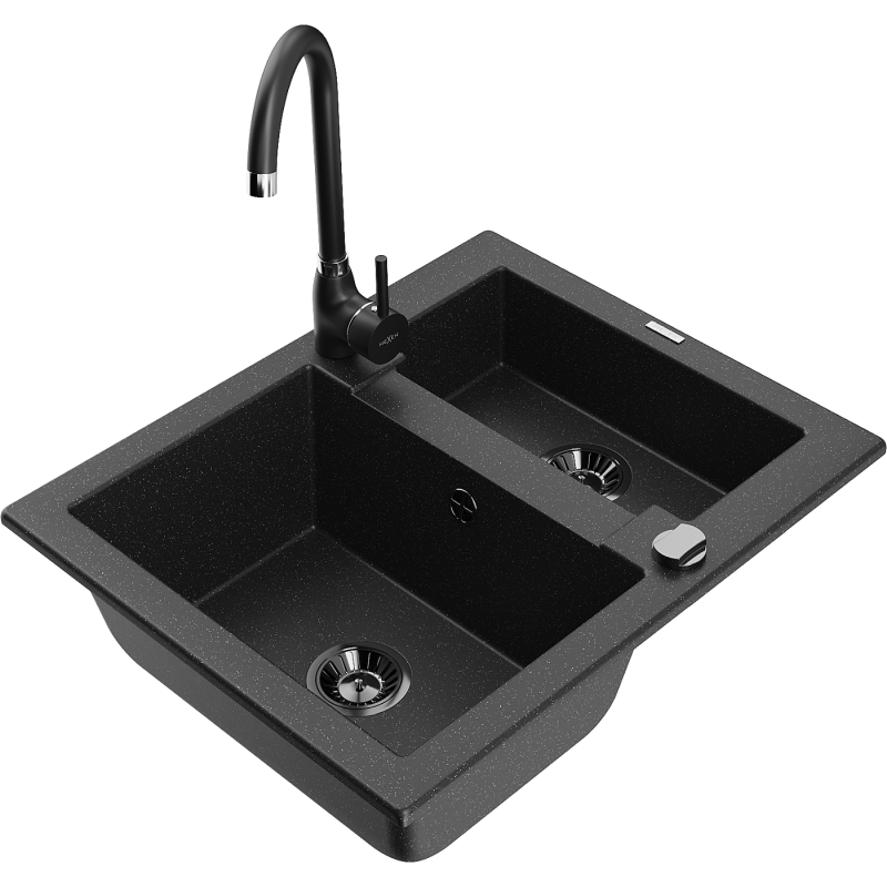 Mexen Carlos Granitspüle 1,5-fach mit Küchenarmatur Telma, Schwarz/Silber Metallic - 6518-73-670200-70-B
