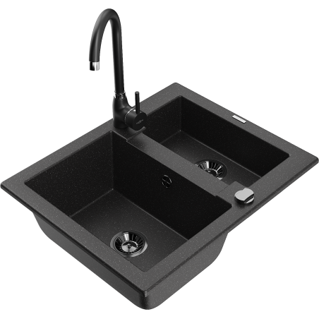 Mexen Carlos Granitspüle 1,5-fach mit Küchenarmatur Telma, Schwarz/Silber Metallic - 6518-73-670200-70-B