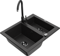 Mexen Carlos Granitspüle 1,5-fach mit Küchenarmatur Telma, Schwarz/Silber Metallic - 6518-73-670200-70-B