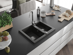 Mexen Carlos 1,5-Kammer-Granithochbecken mit Küchenarmatur Telma, schwarz/gold metallic - 6518-75-670200-00