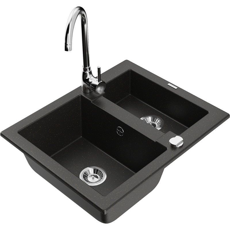 Mexen Carlos 1,5-Kammer-Granithochbecken mit Küchenarmatur Telma, schwarz/gold metallic - 6518-75-670200-00
