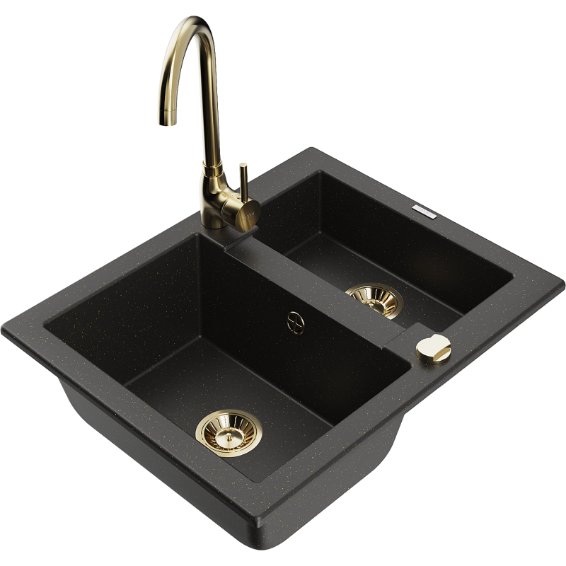 Mexen Carlos 1,5-Kammer-GranitsSpüle mit Küchenarmatur Telma, schwarz/gold metallic - 6518-75-670200-50