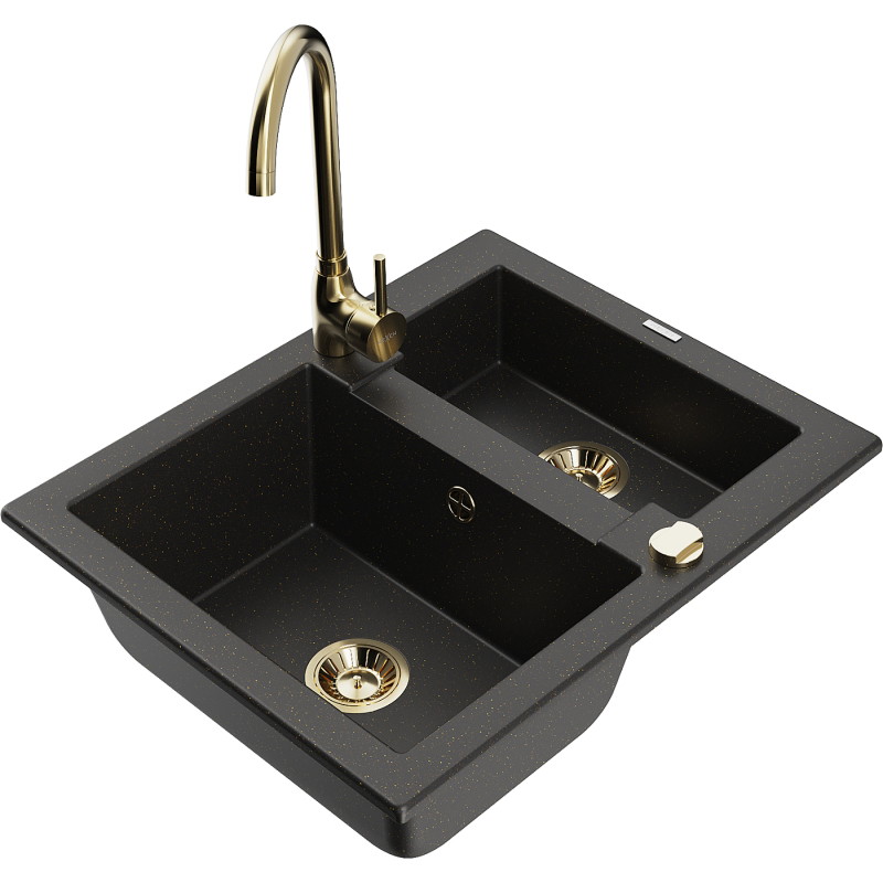 Mexen Carlos granitspüle 1,5-becken mit küchenarmatur Telma, schwarz/gold metallisch - 6518-75-670200-50