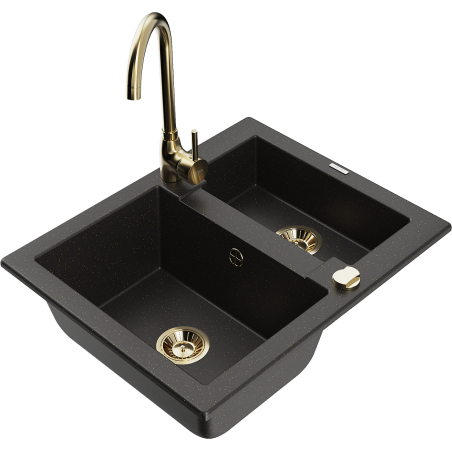 Mexen Carlos 1,5-Kammer-GranitsSpüle mit Küchenarmatur Telma, schwarz/gold metallic - 6518-75-670200-50
