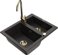 Mexen Carlos 1,5-Kammer-GranitsSpüle mit Küchenarmatur Telma, schwarz/gold metallic - 6518-75-670200-50