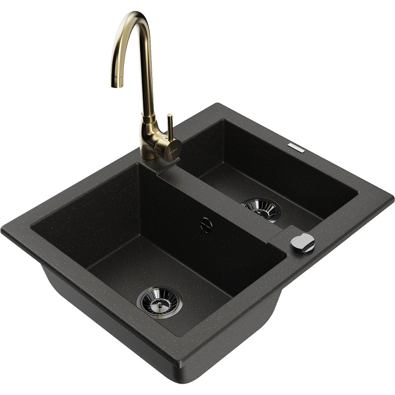 Mexen Carlos 1,5-Kammer-Granitspeüle mit Küchenarmatur Telma, schwarz/golden metallic - 6518-75-670200-50-B