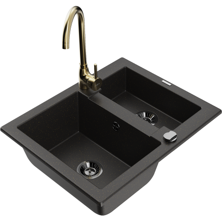 Mexen Carlos Granitspüle 1,5-Becken mit Küchenarmatur Telma, schwarz/gold metallic - 6518-75-670200-50-B