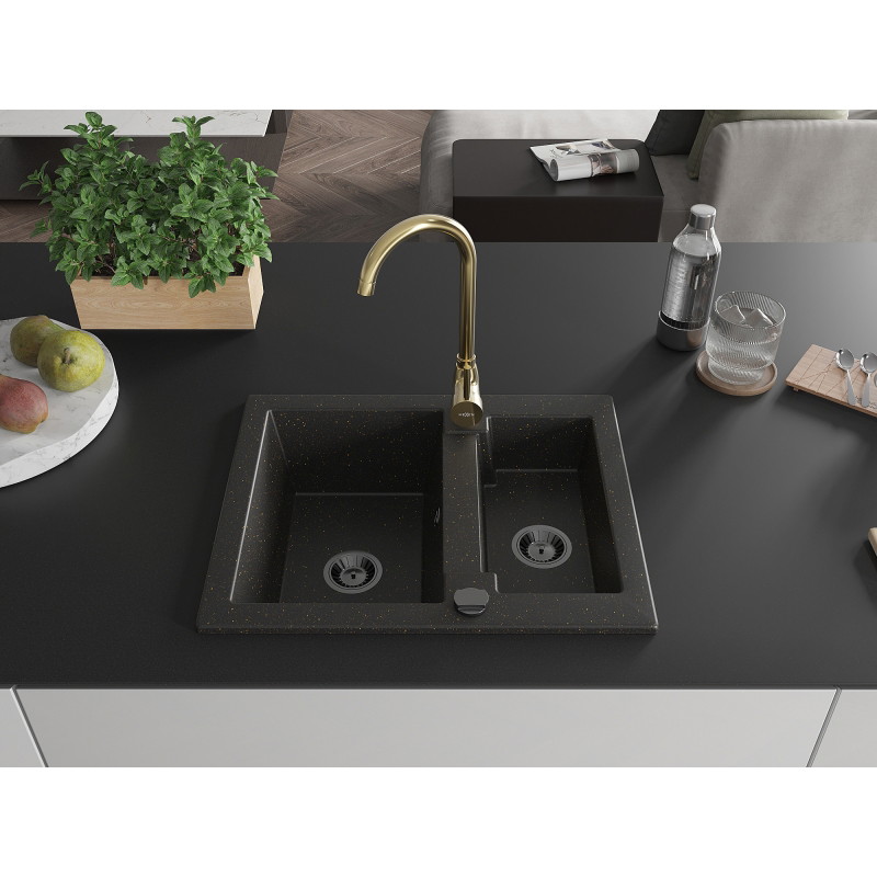 Mexen Carlos Granitspüle 1,5-Becken mit Küchenarmatur Telma, schwarz/gold metallic - 6518-75-670200-50-B