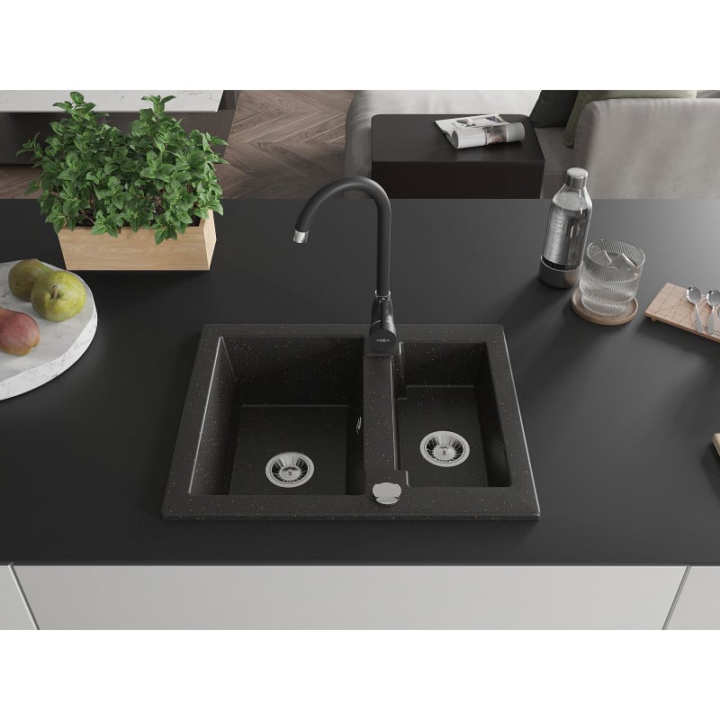 Mexen Carlos Granitspüle 1,5 Becken mit Küchenarmatur Telma, schwarz/gold-metallic - 6518-75-670200-70