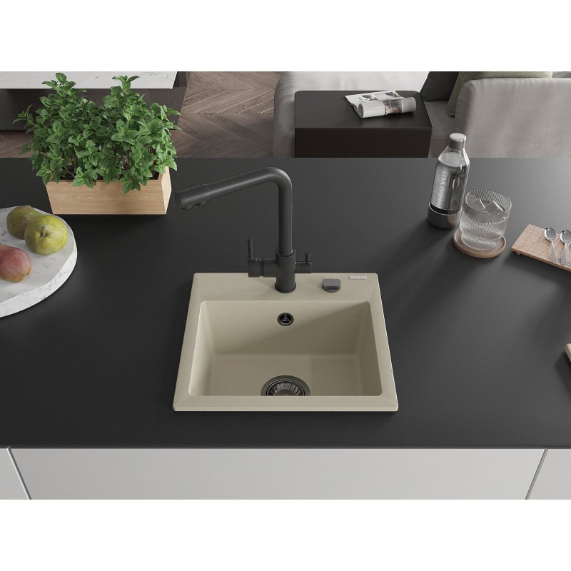 Mexen Milo Granitspüle 1-Kammer mit Küchenarmatur Duero, Beige - 6505-69-671600-70