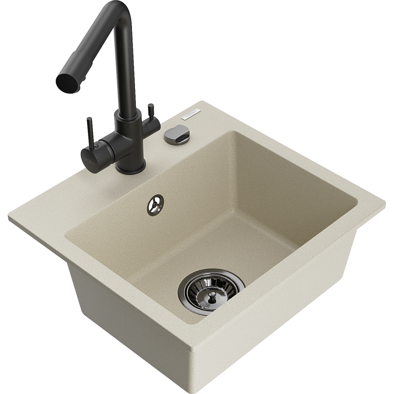 Mexen Milo Granitspüle 1-Kammer mit Küchenarmatur Duero, Beige - 6505-69-671600-70