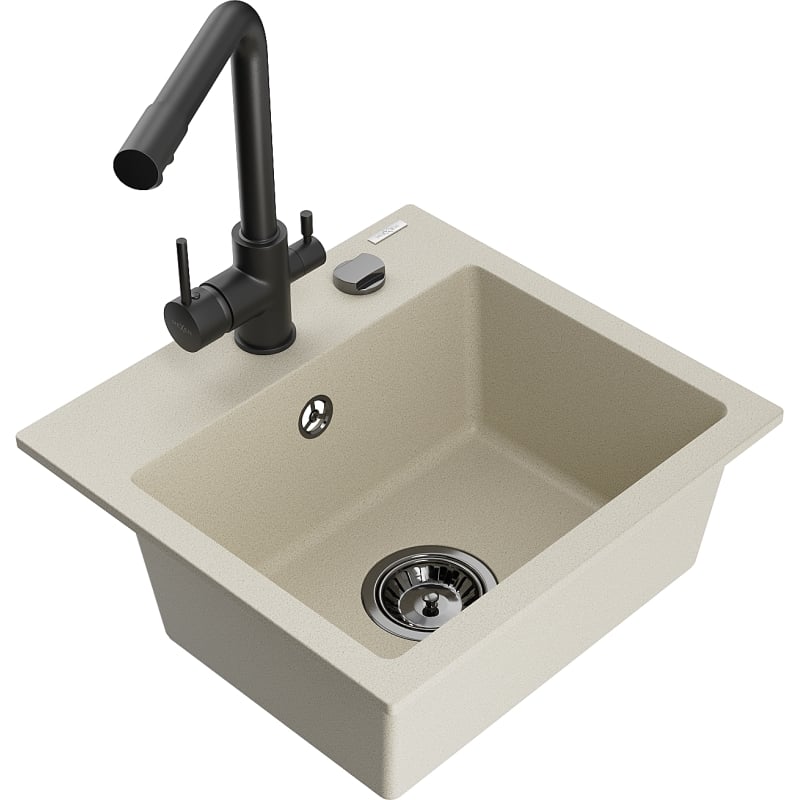 Mexen Milo Granitspüle einteilig mit Küchenarmatur Duero, beige - 6505-69-671600-70