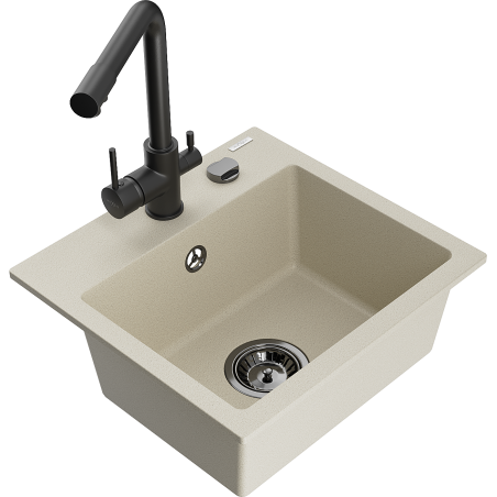 Mexen Milo Granitspüle 1-Kammer mit Küchenarmatur Duero, Beige - 6505-69-671600-70