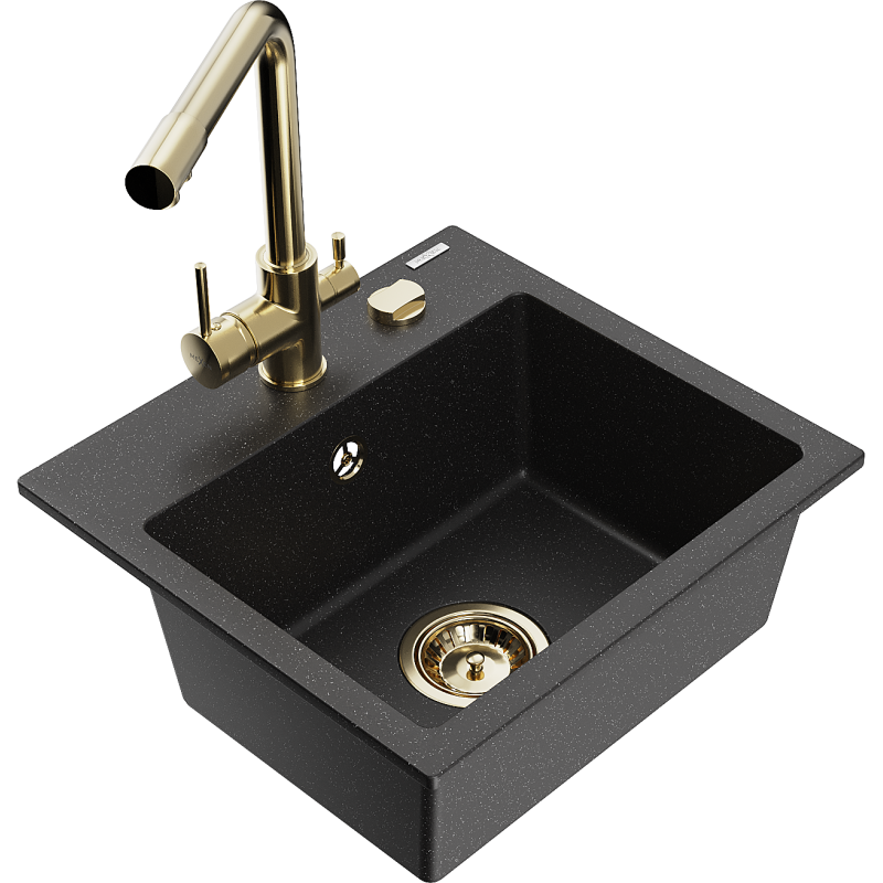 Mexen Milo Granitspüle 1-Kammer mit Küchenarmatur Duero, schwarz/silber metallic - 6505-73-671600-50