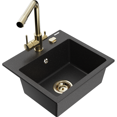 Mexen Milo Granitspüle 1-Kammer mit Küchenarmatur Duero, schwarz/silber metallic - 6505-73-671600-50