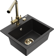 Mexen Milo Granitspüle 1-Kammer mit Küchenarmatur Duero, schwarz/silber metallic - 6505-73-671600-50