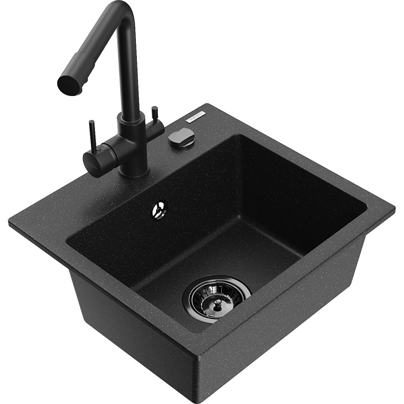 Mexen Milo Granitspüle 1-becken mit Küchenarmatur Duero, schwarz/silberner Metallic - 6505-73-671600-70-B