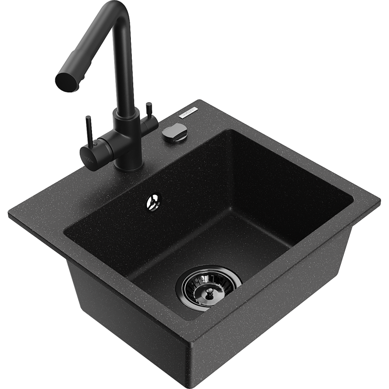Mexen Milo Granitspüle mit 1 Becken und Küchenarmatur Duero, Schwarz/Silber Metallic - 6505-73-671600-70-B