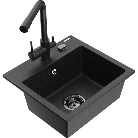 Mexen Milo Granitspüle mit 1 Becken und Küchenarmatur Duero, Schwarz/Silber Metallic - 6505-73-671600-70-B