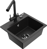 Mexen Milo Granitspüle mit 1 Becken und Küchenarmatur Duero, Schwarz/Silber Metallic - 6505-73-671600-70-B