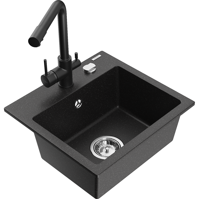 Mexen Milo Granitspüle 1-becken mit Küchenarmatur Duero, schwarz/silber metallic - 6505-73-671600-70
