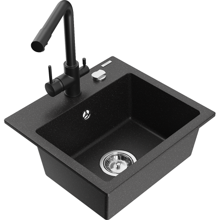 Mexen Milo Granitspüle 1-becken mit Küchenarmatur Duero, schwarz/silber metallic - 6505-73-671600-70