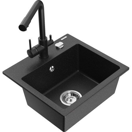 Mexen Milo Granitspüle 1-Kammer mit Küchenarmatur Duero, schwarz/silber metallic - 6505-73-671600-70