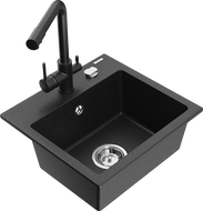 Mexen Milo Granitspüle 1-becken mit Küchenarmatur Duero, schwarz/silber metallic - 6505-73-671600-70