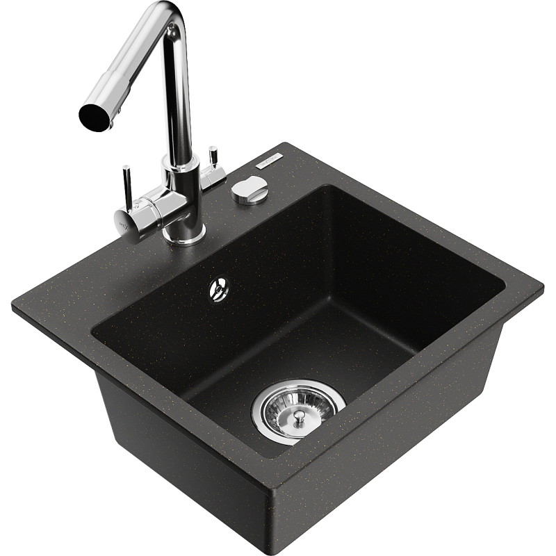 Mexen Milo Granitspüle 1-Becken mit Küchenarmatur Duero, schwarz/gold metallic - 6505-75-671600-00