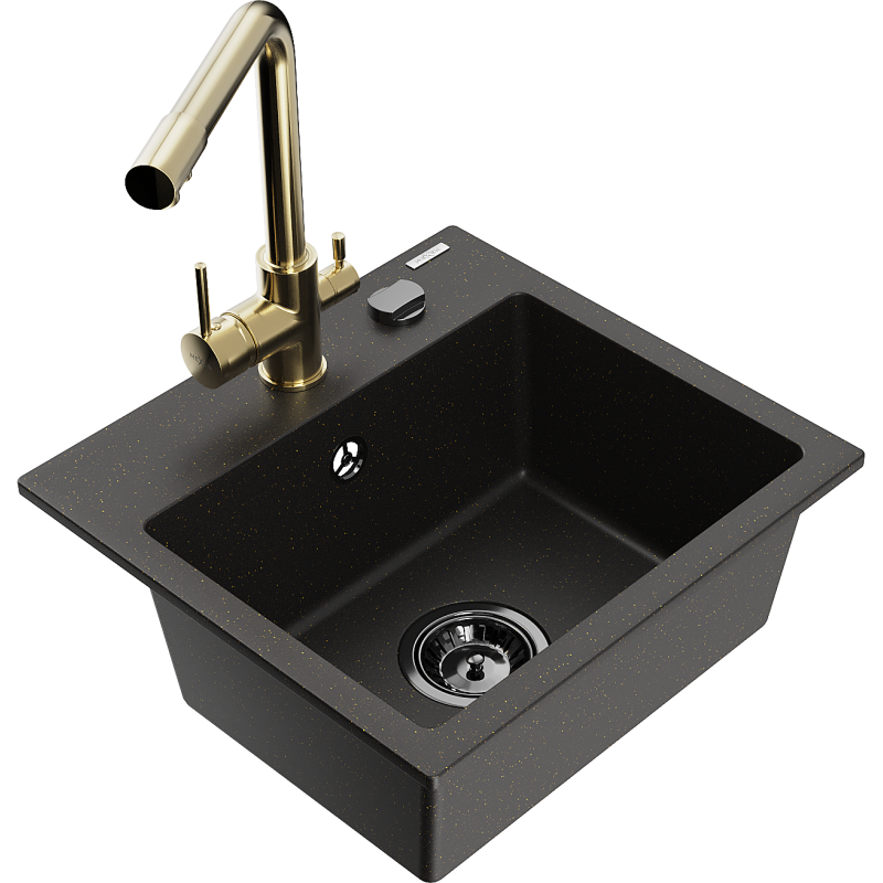 Mexen Milo Granitspüle 1-Becken mit Küchenarmatur Duero, schwarz/gold metallic - 6505-75-671600-50-B
